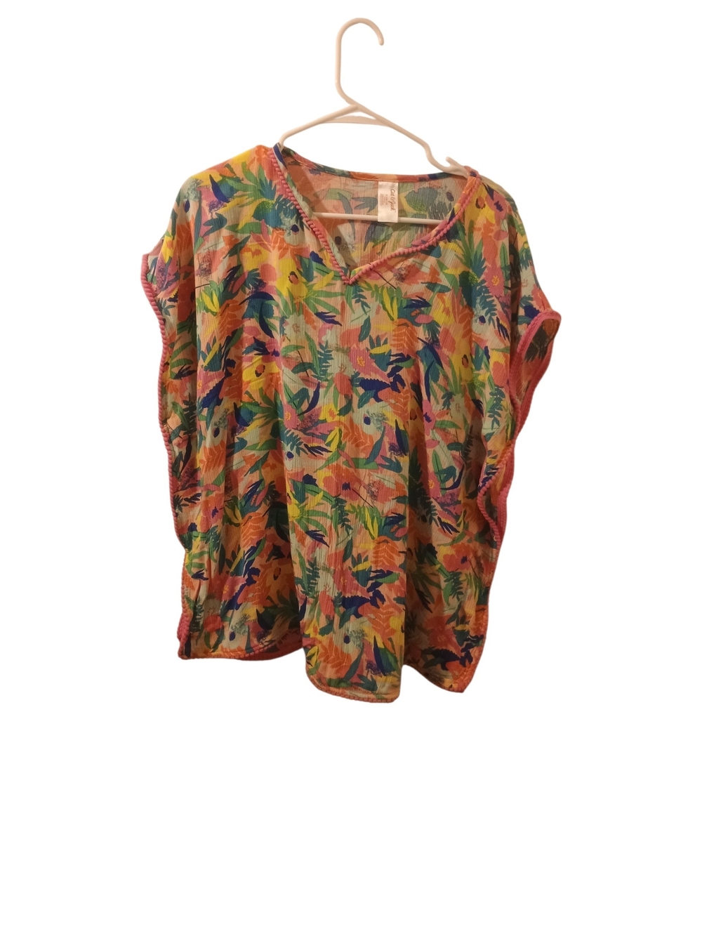 Cat & Jack swim coverup colorful botanical tropical print & Neon pink Pom Pom